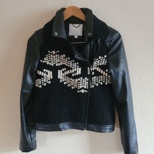 ETT:TWA Anthropologie‎ Sweater/Faux Leather  Moto Jacket, Black/Cream, Size XS